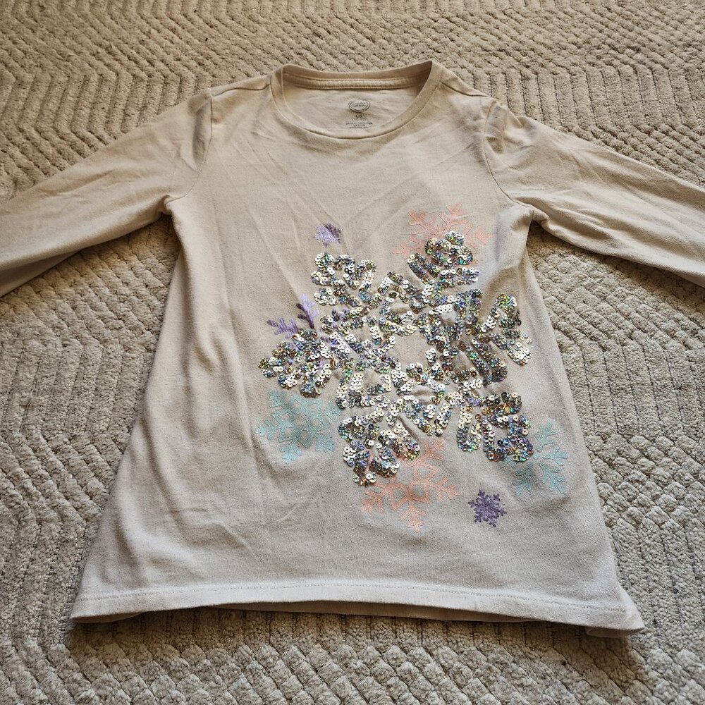 ❄️ Wonder Nation Girls Sequin Snowflake Long Sleeve Top – Size LG (10–12)